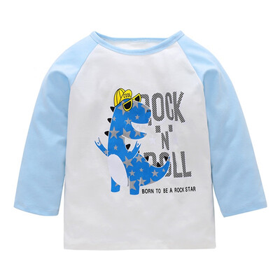 

1-6T Baby T-Shirts Cute Dinosaur Cartoon Printed Round Neck Collar Long Sleeve T-Shirt Casual Pure Cotton Tops Blue