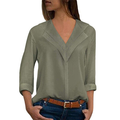 

Blouses Women Long Sleeve Solid Color Shirts Fashion Girl V-neck Chiffon Shirt Office Ladies Plain Roll Sleeve Female Blouse Top