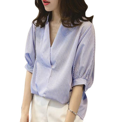 

Fashion Womens Cotton Three Quarter Sleeve Blouse Casual Striped Loose Shirt Button Tops Plus Size