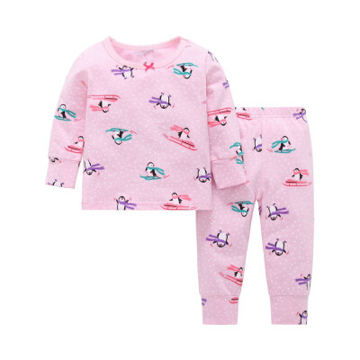 

2Pcs Autumn Winter Baby Girl Clothes Casual Printing Long Sleeve Pajamas Cartoon Kid Christmas Penguin Print Baby Clothes Set