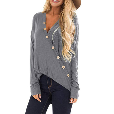 

T-Shirts Women Autumn New Style All-match Solid Color V Collar Long Sleeve Button T-shirts