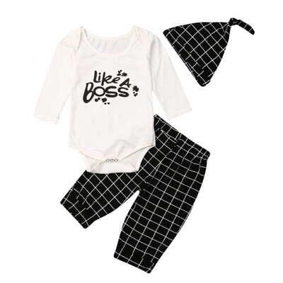 

Autumn Baby Boy Long Sleeve Letters Print Romper Tops Plaid Trousers Hat Outfits Clothes