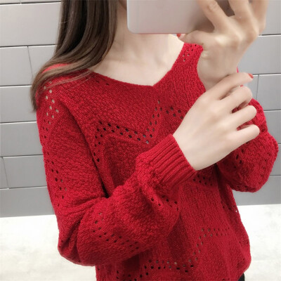 

Gobestart Women Casual Knitting V-Neck Tops Long Sleeve Bottoming Hollowed Out Sweater