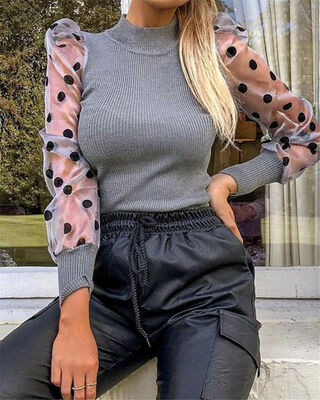 

Women Ladies Puff Sleeve Tops Pullover Sweater Blouse Loose Jumper Ribbed Shirt