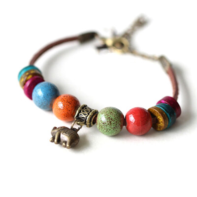 

2019 Retro Ethnic Elephant Beads Bracelet Bangle Adjustable National Jewelry