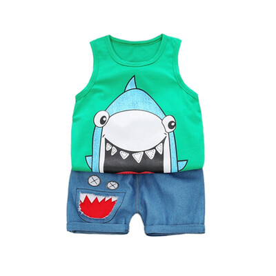 

Cotton Summer Casual Children Cartoon Print Cute SMLXL Sleeveless Garment And Pant Kit Kids Two-piece Outfit Set