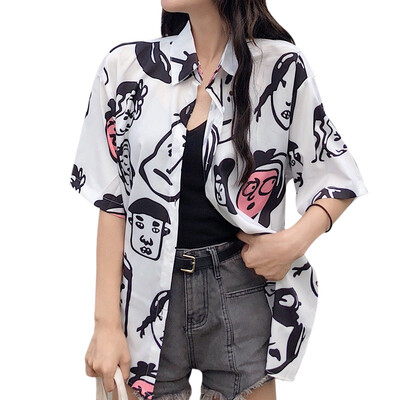 

Fashion streetwear women shirt personality Full Printing short sleeve summer floral rapper harajuku loose hawaiian korean shirts