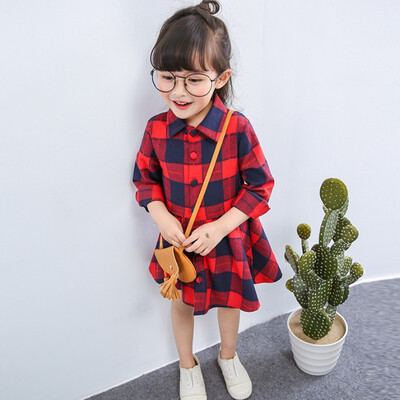 

Fashion Girls Dress 2017 New Autumn Brand Girls Clothes England Style Plaid Fur Ball Bow Design Baby Red Girls Dress