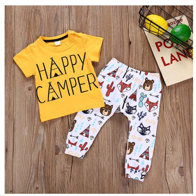 

2pcs Newest Kid Infant Baby Boy clothing Yellow Short Sleeve letter Tops T-shirt Bear Leggings Pants Outfit Toddler Clothes set