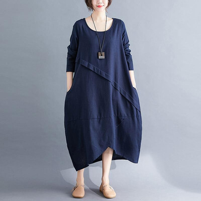 

National Women Dress Cotton Linen Splicing Low High Irregualr Hemline Pocket Maix Gown Baggy One-Piece