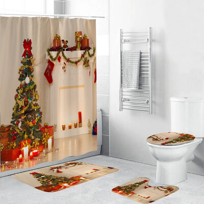 

〖Follure〗4Pcs Christmas shower Curtain Bathroom Anti-slip Carpet Rug Toilet Cover Mat Set