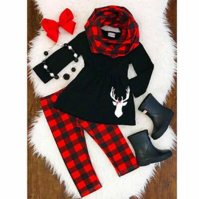 

US 3PCS Toddler Kids Baby Girl Xmas Deer Tops Dress Skirts Autumn Outfit Clothes