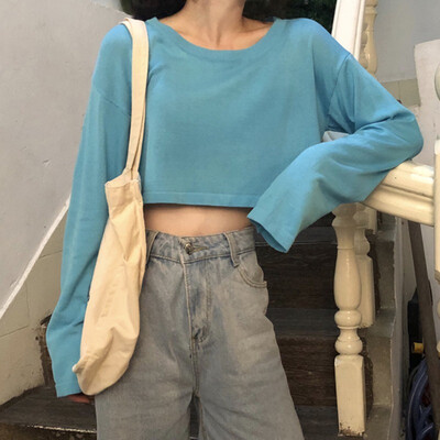 

Autumn Womens Round Neck T-Shirt Long Sleeve Tops Pure Color Loose Fit Pullover Blouse