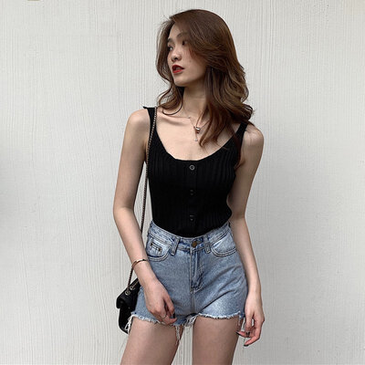 

2019 Womens Buttons U Neck Sleeveless Solid Knitted Tank Top