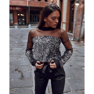 

Women Sexy Long Sleeve Sequin Party Blouse Loose Tops Ladies O Neck Shirt