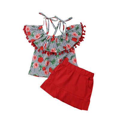 

Baby Girls Casual Summer Strap Flower Print Tops Blouse With TasselShort Skirts Suits Costume Set