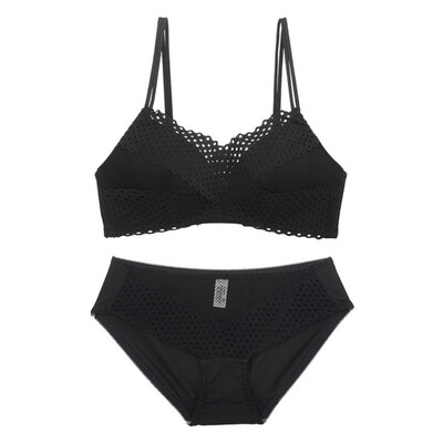 

Fashion Sexy Seamless Underwear Female No Steel Ring Thin Section Beauty Back Hollow Lace Bra Set