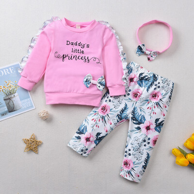 

Autumn Baby Girls Adorable Letter Print Long Sleeve Sweatshirt Floral Trousers With Headband Casual Outfits Clothes