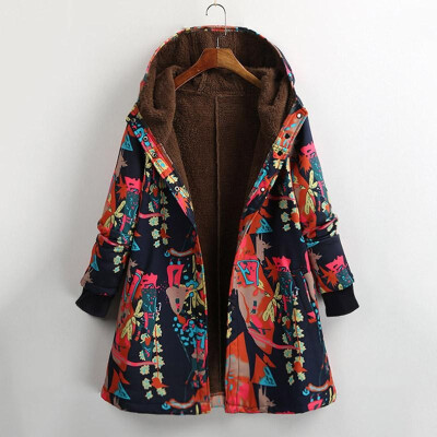 

Women Outerwear Multicolor Print Faux Fur Lining Hooded Button Pockets Long Sleeve Warm Winter Jacket