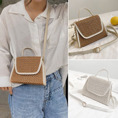 

Women Straw Crossbody Bag Crochet Patterns PU Leather Splicing Boho Summer Beach Vacation Shoulder Bag