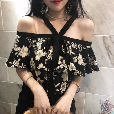 

Womens Chiffon Blouse And Tops Slash Neck Floral Print Short Sleeve Blouses Halter Bohemian Female Blouse Plus Size 2XL Tops