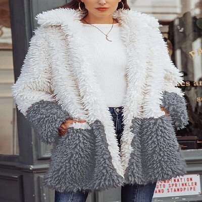 

Two Tone Lapel Waterfall Dual Pockets Open Front Teddy Coat