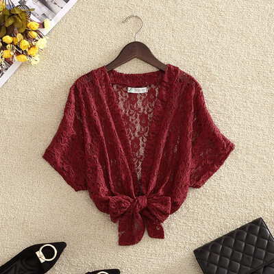 

Womens Solid Lace Hollow Out Blouse Kimono Cardigan Lace Up Short Sleeve Summer Shirt Cover Up Beach Blouse Plus Size