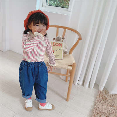 

Baby Girl Striped Lace Long Sleeve T-Shirt Spring Autumn Casual Fashion Kids Blouse 1-8Y