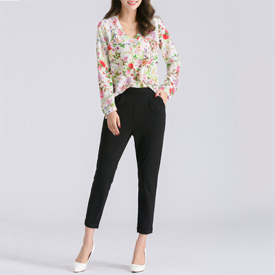 

Breathable Large Size Women Blouse V-Neck Long Sleeve Printed Bottoming Shirt Floral Chiffon Shirt