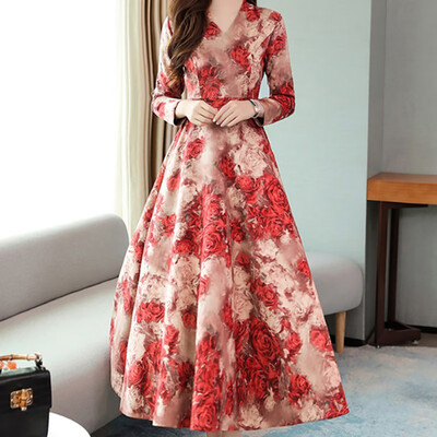 

Vintage Dress Women V-neck Long Sleeve Big Swing Elegant Princess Print Slim Waist Boho Floral Vestidos