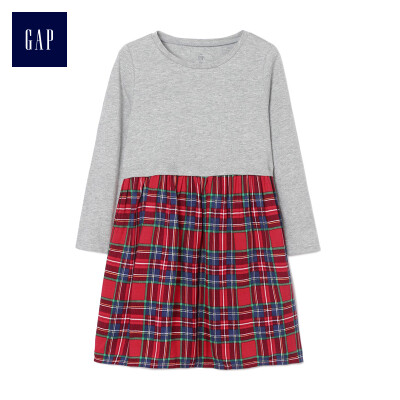 

GAP flagship store female young print round neck long sleeve stitching dress 356975 hemp gray 4YRS