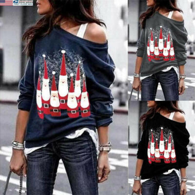 

US Fashion Women Lady Off Shoulder Shirt Santa Printed Long Sleeve Top Blouse