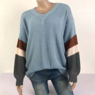 

Pullover Women Striped Stitching Knit Material Comfortable Soft Autumn Fashion New Wild Loose Long Sleeve Style Simple