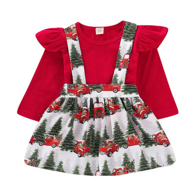 

Christmas Dress Lovely Toddler Kids Baby Girls Red T Shirt TopsChristmas Car Print Suspender Braces Skirt Overalls