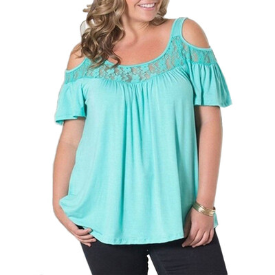 

Women Summer Casual Lace Splice Cold Shoulder Solid Color Short Sleeve T-shirt