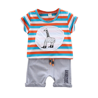 

Boys Striped Giraffe Print Short Sleeve Shorts Set Two Piece Casual Set
