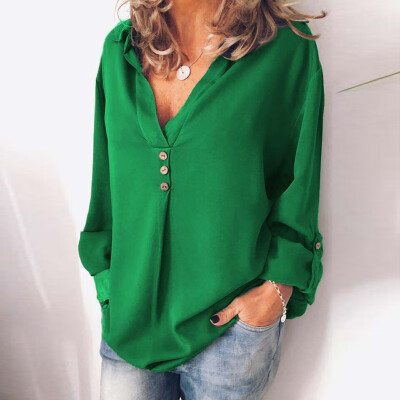 

Plus Size Women Blouses Autumn Fashion Solid Color Casual V-neck Pleated Button Long Sleeve Loose Chiffon Shirt Clothes