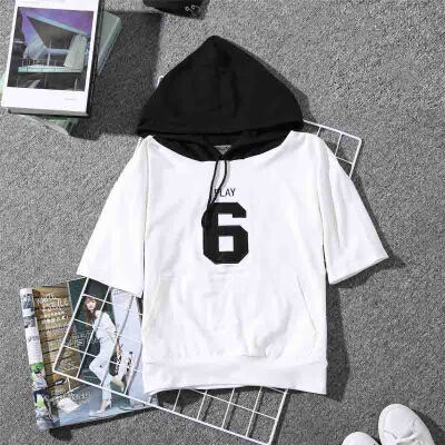 

Women Summer Harajuku Hooded Letter Embroidered tshirt Loose Short Sleeve Casual T-Shirt Simple Wild Tops Black White Patchwork