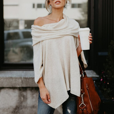 

Newest Fashion Womens Autumn Loose Solid Asymmetric Hem Shirts Slash Neck Long Sleeve Tops Pullovers 2018