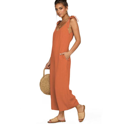 

Casual Summer Jumpsuits Sleeveless Solid Color Loose Backless Jumpsuit V-Neck Slim Female Jumpsuit 4 Color Wide Leg Pants