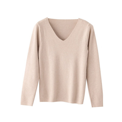 

Female T-shirt Autumn Winter New Slim Solid Color Women Knit Top Fashion Casual V-neck Long-sleeved T-shirt
