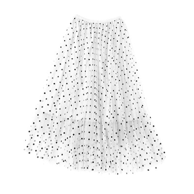 

Elegant Tulle Long A-Line Skirt Women High Waist Wave Point Print Mesh Temperament Skirt Women Midi Party Skirt Autumn