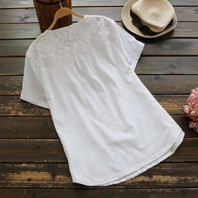 

Plus Size Summer Casual Tops Fashion Lace Embroidery Leisure T-shirt Women Oversize Short Sleeve T shirt Cotton Linen Tshirt