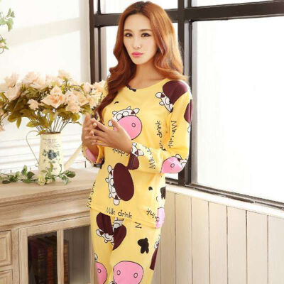 

Women Cow Cartoon Print Long Sleeves Pajama Sets Cute Loose Round Neck Sleepwear Spring Autumn Home Clothes