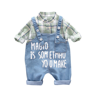

New Autumn Baby Boy Clothes 0-3T Shirt Denim Bib Pants 2pcs Boy Set Fashion Cotton Letter Printing Plaid Pattern Childrens Set