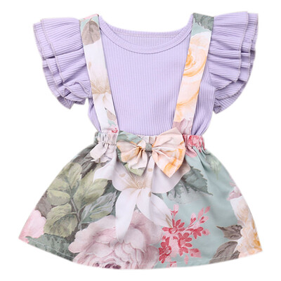 

Fashion Princess Baby Girl Clothing Set Solid Color Ruffled Sleeve TopFloral Print Bowtie Skirt Set Beautiful Comfy Baby Set