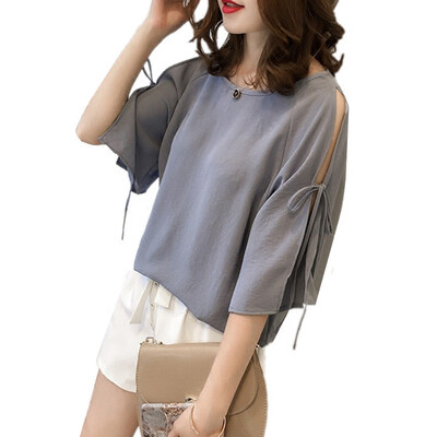 

EFINNY New Summer Strap Sleeve Loose Women Blouses Shirt Blue Shirt Korean Chiffon Shirt small fresh Tops Female Blusas