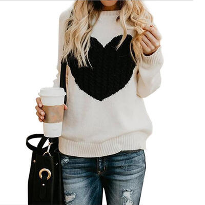

Knitted Sweater Women Heart Pattern Slim O-Neck Pullovers Tops Jumper