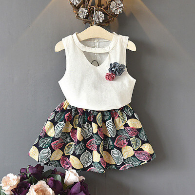 

Children Summer Girls Lovely Clothing Set Cute Solid Color Flower Wear Sleeveless Sweet TopPrint Skirt Two Piece