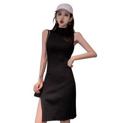 

Women Sexy Slim Round Neck Knit Slit Dress Novel Chic Sleeveless Fashion Solid Color Knee-length Dress